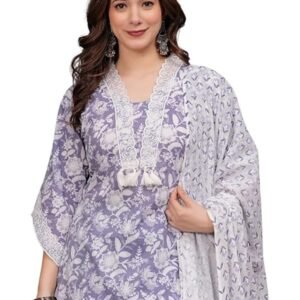 Women's Pure Cotton Printed Straight Kurta Set with Palazzo Pants & Dupatta- Ethnic Wear, Purple
