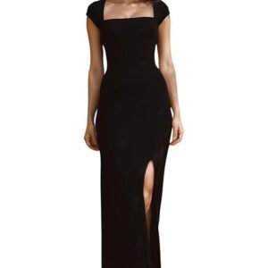 IUGA Black Lahariya Print Bodycon Maxi Dress with Square Neck and Front Slit