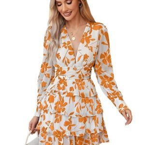 Leriya Fashion Women’s V-Neck Floral Print Ruffle Long Sleeve A-Line Mini Dress