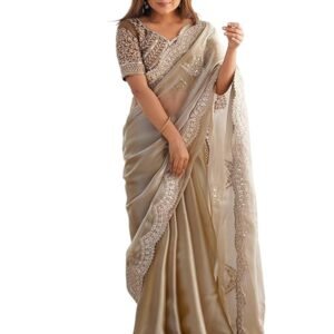 Satrani Women's Tissue Silk Sequin Embroidery Scalloped Border Saree with Unstitched Blouse Piece